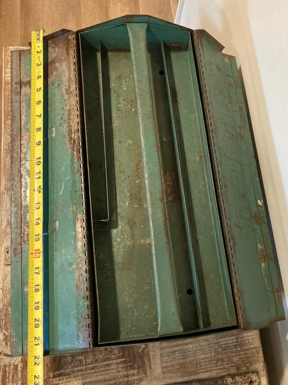 Vintage Metal Toolbox in Teal with Carry Handle and Insert 21” Long Distressed - Picture 6 of 16